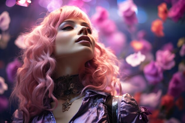 beautiful woman with pink hair and purple dress in front of flowers