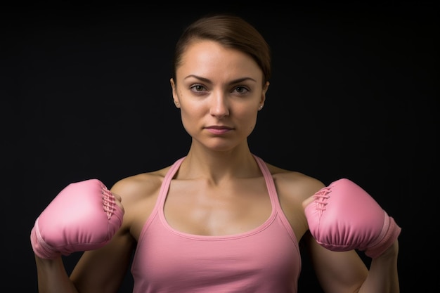 Beautiful woman with pink ribbon and boxing gloves Breast cancer concept