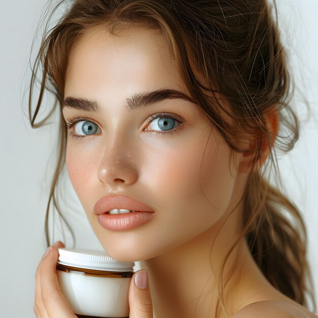 Photo beautiful woman with radiant skin holding skincare cream