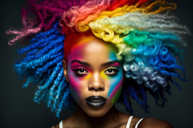 Beautiful woman with rainbow hair Diversity tolerance inclusion concept Different and unique to be Fashionable person colorful close up portrait Generative AI