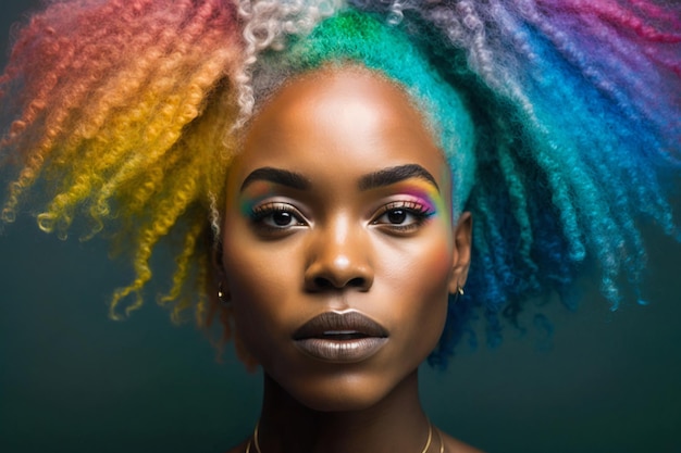 Beautiful woman with rainbow hair Diversity tolerance inclusion concept Different and unique to be Fashionable person colorful close up portrait Generative AI