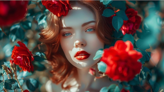 beautiful woman with red hair and flowers