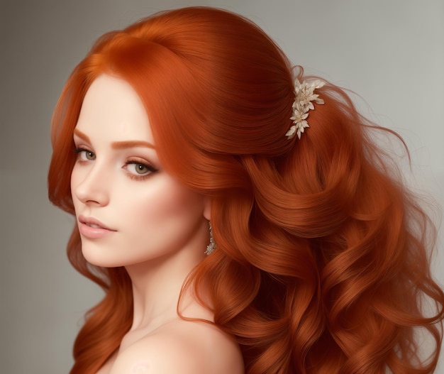 beautiful woman with red hair posing for advertising hair care cosmetics