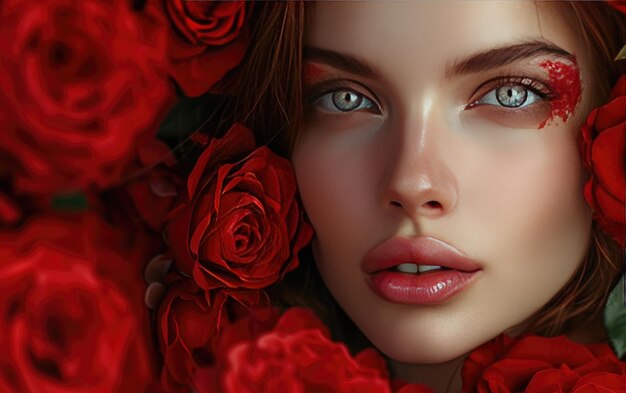 a beautiful woman with red roses professional advertising post photo ai generated