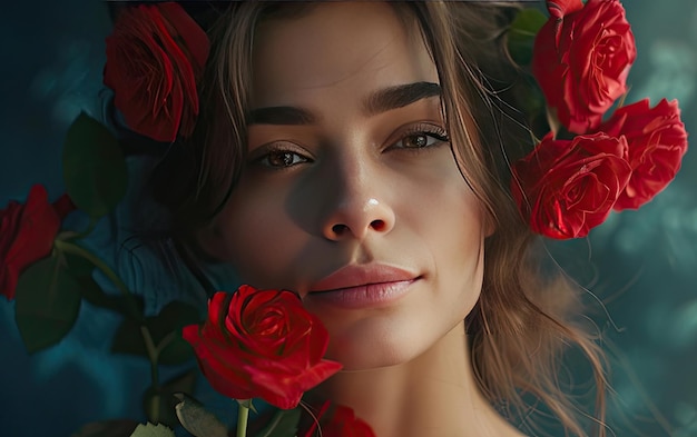 a beautiful woman with red roses professional advertising post photo ai generated