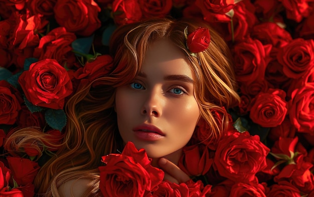 a beautiful woman with red roses professional advertising post photo ai generated