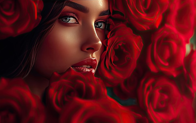 a beautiful woman with red roses professional advertising post photo ai generated