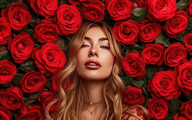 a beautiful woman with red roses professional advertising post photo ai generated