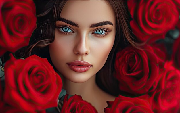 a beautiful woman with red roses professional advertising post photo ai generated