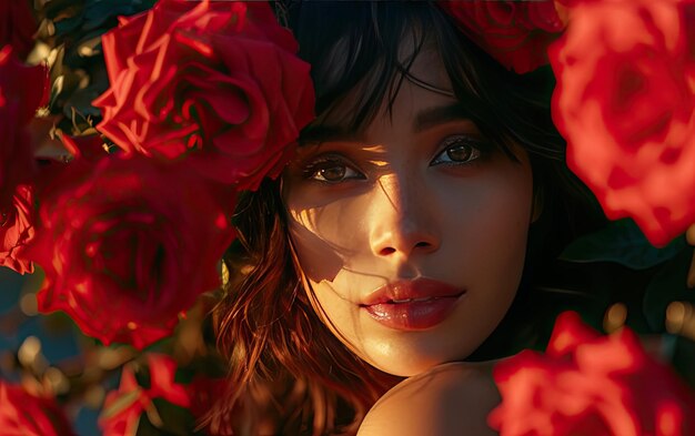 a beautiful woman with red roses professional advertising post photo ai generated