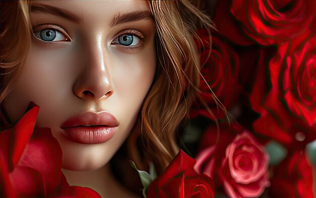 a beautiful woman with red roses professional advertising post photo ai generated