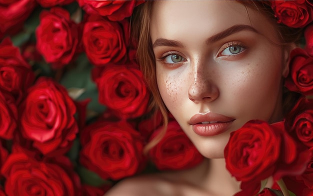 a beautiful woman with red roses professional advertising post photo ai generated