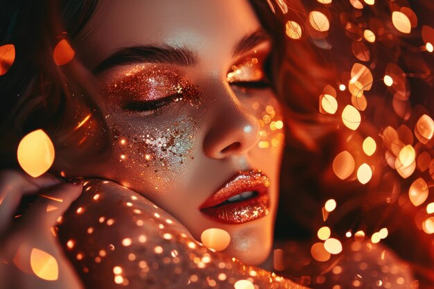 Photo beautiful woman with sparkling makeup on a glowing background