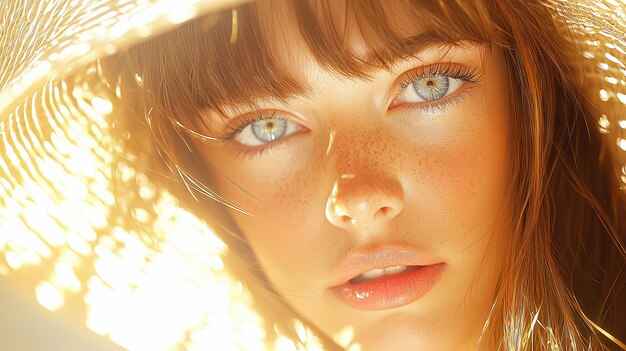 Photo beautiful woman with sun kissed skin and freckles in straw hat