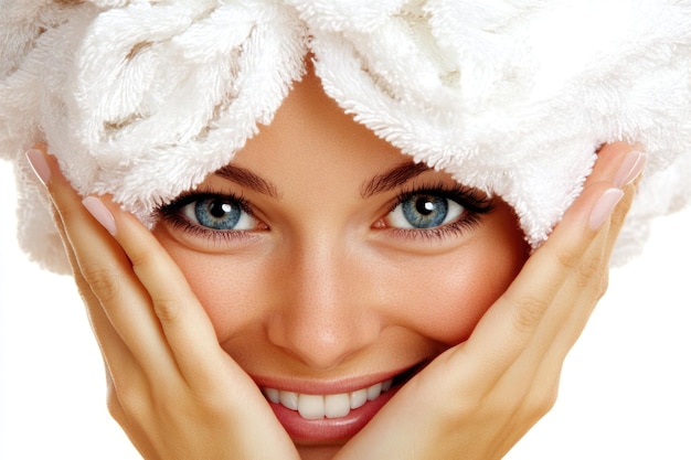 Beautiful Woman with Towel Turban Smiling and Holding Face After Bath Fresh and Radiant Skincare Routine