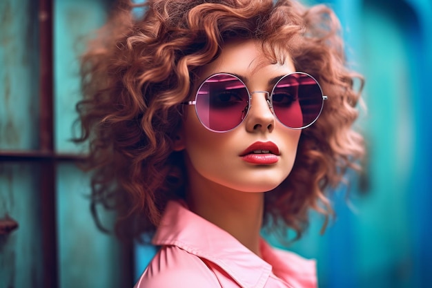 Beautiful woman with trendy pink sunglasses