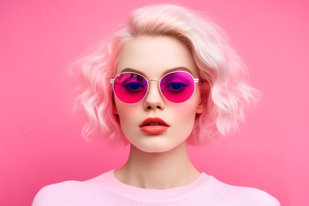 Beautiful woman with trendy pink sunglasses