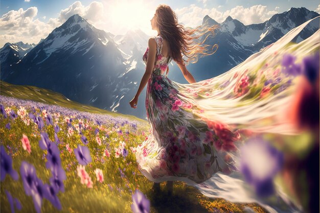 Beautiful woman with twirling dress dancing in mountainous landscape