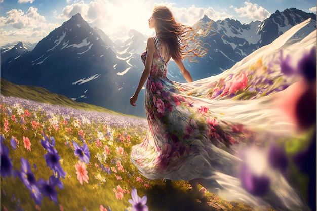 Beautiful woman with twirling dress dancing in mountainous landscape