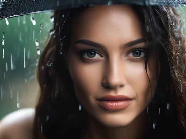 Beautiful woman with wet hair looking at camera in rain