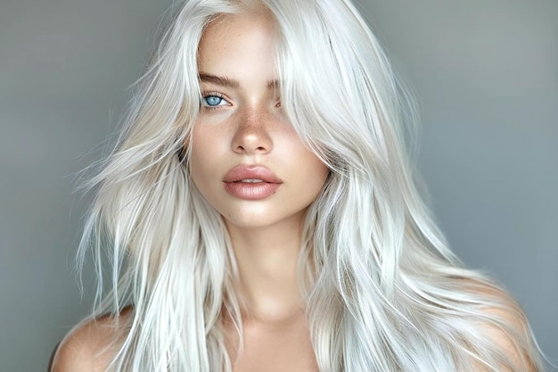 Photo beautiful woman with white hair model posing in studio hair color is platinum blonde and shiny pe