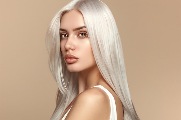 Photo beautiful woman with white hair shiny and smooth straight long silver gray platinum blonde hair mo