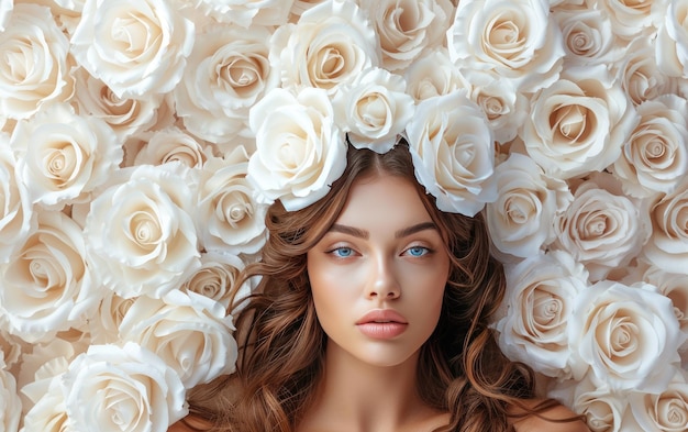 a beautiful woman with white roses professional advertising post photo ai generated