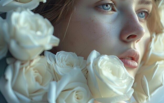 a beautiful woman with white roses professional advertising post photo ai generated