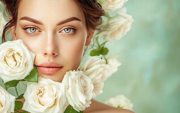 a beautiful woman with white roses professional advertising post photo ai generated