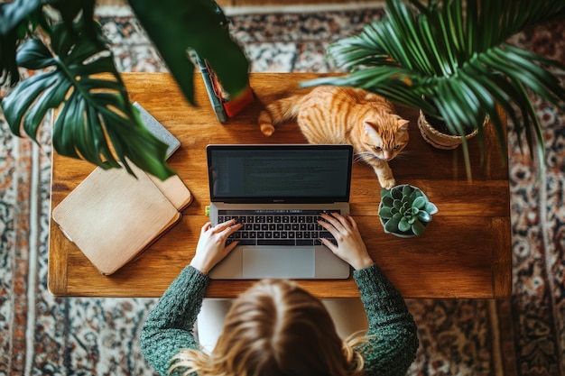 Photo beautiful woman working from home on laptop with orange cat on table high angle view