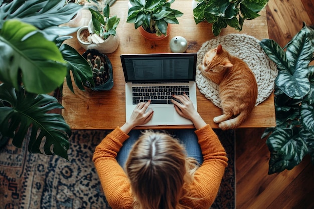 Beautiful Woman Working from Home with Orange Cat on Table