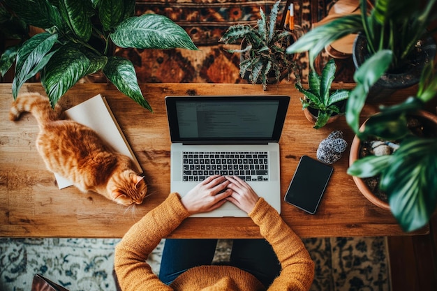 Beautiful Woman Working from Home with Orange Cat on Table