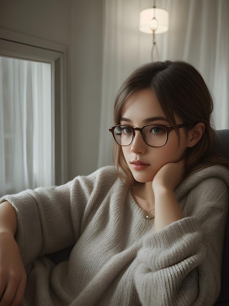 Beautiful women She wears comfortable clothes and her glasses On the sofa ai generative