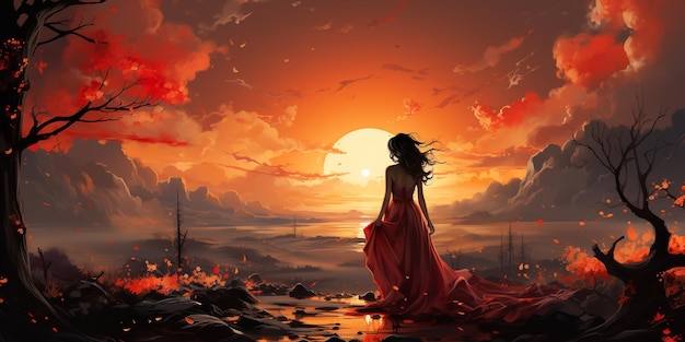 beautiful women who burns a sunset with a lighter beautiful red sky lighter light