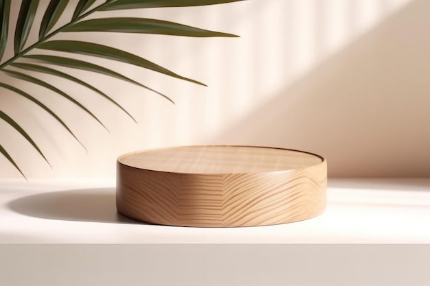 Beautiful wood grain round wood podium dish in sunlight AI generated