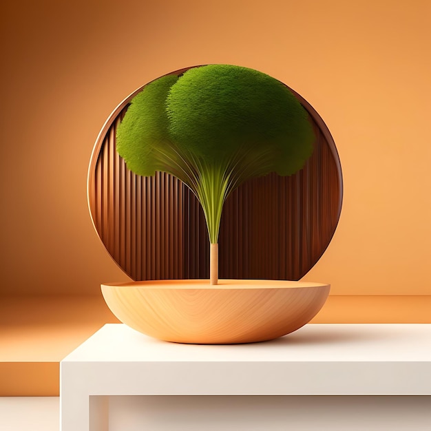 Beautiful wood grain round wood podium dish in sunlight tropical palm leaf shadow on white table co