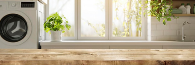 Beautiful wood table against washing machine