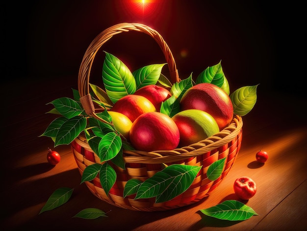 Beautiful wooden basket with red guava and some green leaves at sunset