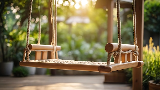 beautiful wooden cozy swing hanged with rope in a green home garden backyard with green plants and trees