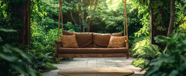 beautiful wooden cozy swing hanged with rope in a green home garden backyard with green plants