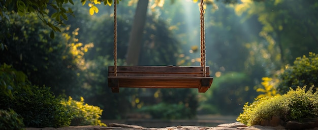 beautiful wooden cozy swing hanged with rope in a green home garden backyard with green plants