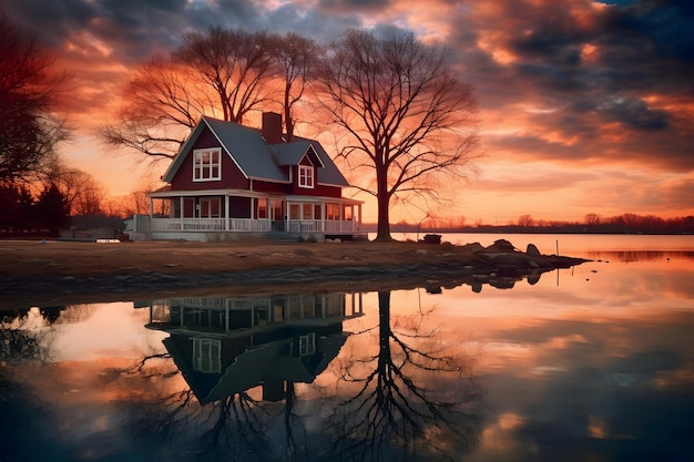 Beautiful wooden house on the lake at sunset