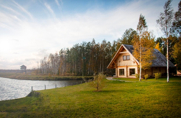 Beautiful wooden house, log cabin on the lake