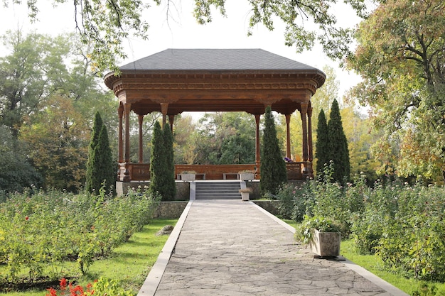 beautiful wooden oriental gazebo in the park