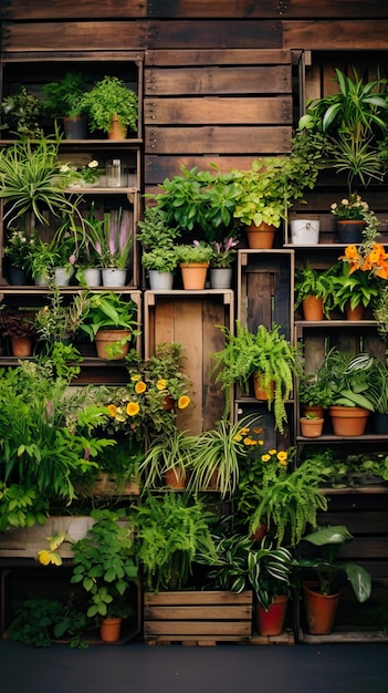 A Beautiful Wooden Pallet Overflowing with Lush Potted Plants and Fragrant Herbs