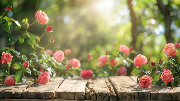 Photo beautiful wooden podium with spring background and sunlit garden ai generated illustration