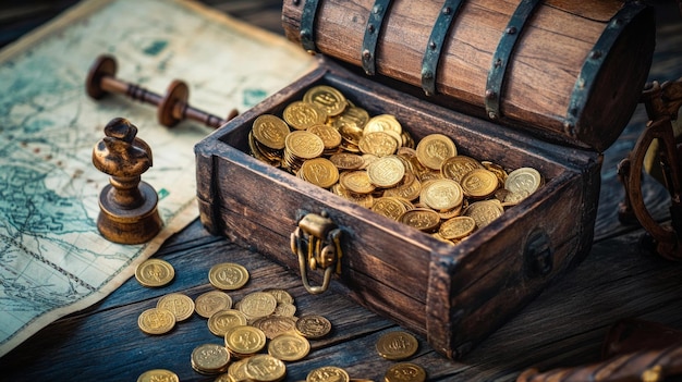 Photo a beautiful wooden treasure chest filled with golden coins the treasure lies among old maps and decorative artifacts this image evokes adventure and exploration ai