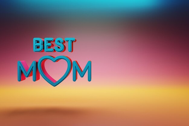 Beautiful words BEST MOM with heart icons on multicolor bright background 3d rendering illustration