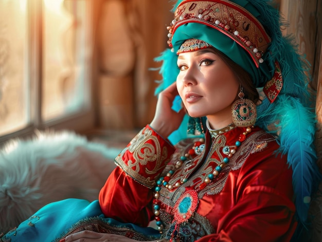 Photo beautiful yakut woman in national dress turquoisered clothes beads feathers amulets waisthigh photo