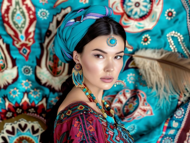 Photo beautiful yakut woman in national dress turquoisered clothes beads feathers amulets waisthigh photo